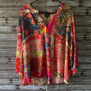 Jones &‎ Co. Women's Top Blouse Size 1X Multicolored V-Neck Tie-Detail NWT